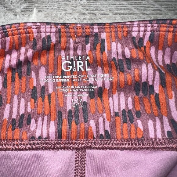 Athleta Girl High Rise Printed Chit Chat Leggings Pink/Orange/Purple Size L/12 - Picture 5 of 6